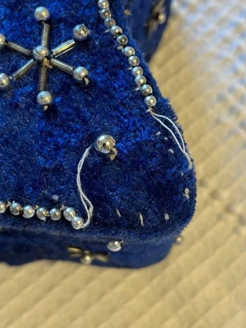 Vintage Blue Velvet Beaded Star Snowflake Lidded Box China Made Silver Winter